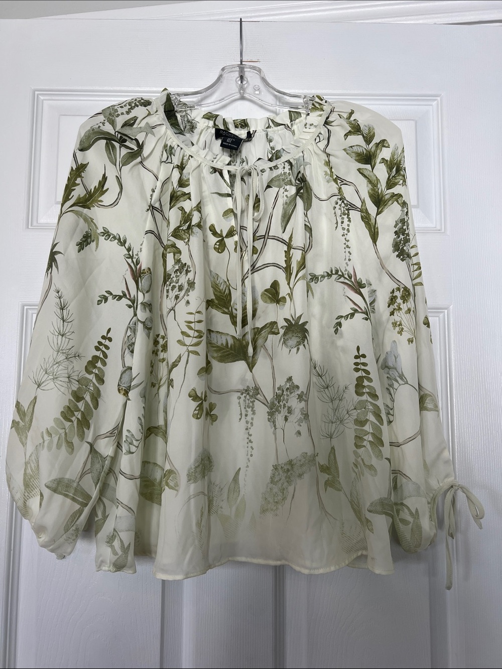 Rachel Zoe Sheer Botanical Tie-Neck Blouse - Green/Cream